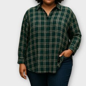 The Limited Green Plaid Window Pane Button Up Blouse Size 1X